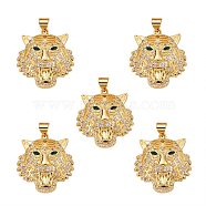 5Pcs Brass Micro Pave Clear & Green Cubic Zirconia Pendants, Nickel Free, Tiger, Real 18K Gold Plated, 25x23x5mm, Hole: 3x5mm(ZIRC-SZ0003-17)