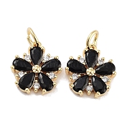 Brass Micro Pave Cubic Zirconia Charms, with Jump Ring, Flower, Real 18K Gold Plated, Black, 13x12x3mm, Hole: 3mm(KK-C051-01G-01)