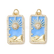 Rack Plating Brass Micro Pave Clear Cubic Zirconia Pendants, with Enamel, Cadmium Free & Nickel Free & Lead Free, Real 18K Gold Plated, Rectangle with Sun, Light Sky Blue, 27x14x3.5mm, Hole: 3.4mm(KK-D073-24G-02)