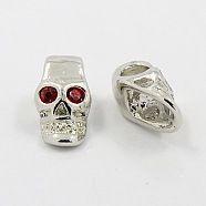 Alloy European Style Beads, for Halloween, with Rhinestone, Platinum Metal Color, Skull, Red, 16x9.4x8.2mm, Hole: 4mm(X-MPDL-Q003-4)