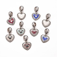 304 Stainless Steel Crystal Rhinestone European Dangle Charms, Large Hole Pendants, with Enamel and Fluorescence Slice, Stainless Steel Color, Heart, Mixed Color, 22.5mm, Hole: 4.5mm(STAS-F278-08P)