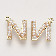 Eco-Friendly Alloy Pendants, with ABS Plastic Imitation Pearl Beads, Light Gold, Letter.N, 18x15x5mm, Hole: 1.8mm(PALLOY-R110-28)
