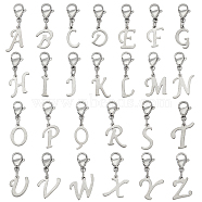201 Stainless Steel Letter A~Z Pendant Decoration, with 304 Stainless Steel Lobster Claw Clasps, Stainless Steel Color, 23~26mm, 26 style, 1pc/style, 26pcs/set(HJEW-AB00515)