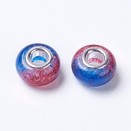 Two Tone Resin European Beads, with Silver Color Plated Brass Single Core, Rondelle, Blue, 14x8.5mm, Hole: 5mm(RPDL-K002-C04)