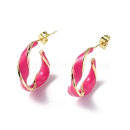 Enamel Twist Stud Earrings, Real 18K Gold Plated Brass Half Hoop Earrings for Women, Deep Pink, 25x21x9mm, Pin: 0.8mm(EJEW-P214-03G-01)