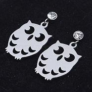 201 Stainless Steel Dangle Stud Earrings, with Clear Cubic Zirconia, Owl, Stainless Steel Color, 26mm, Pin: 0.8mm(EJEW-T008-JN747)