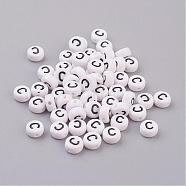 Flat Round with Letter C Acrylic Beads, with Horizontal Hole, White & Black, Size: about 7mm in diameter, 4mm thick, hole: 1mm(X-PL37C9070-C)