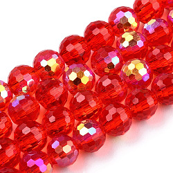 Transparent Electroplate Glass Beads Strands, Faceted(96 Facets), Half AB Color Plated, Round, Red, 6x5mm, Hole: 1mm, about 95~100pcs/strand, 20.47~21.34 inch(52~54.2cm)(EGLA-TAC0006-05B)