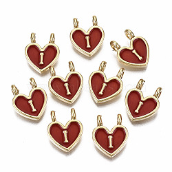 Alloy Enamel Charms, Cadmium Free & Lead Free, Heart with Initial Letters, Light Gold, FireBrick, Letter.I, 14.5x11.5x4.5mm, Hole: 2mm(ENAM-T012-02I-RS)