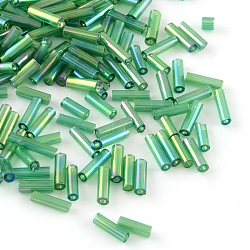 AB Color Plated Glass Bugle Beads, Transparent Colours Rainbow, Sea Green, 4~4.5x2mm, Hole: 1mm, about 450g/bag, 14000pcs/bag(SEED-R011-167)