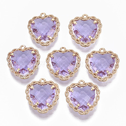 Glass Pendants, with Brass Open Back Settings, Faceted, Heart, Light Gold, Lilac, 18x16~17x5.5mm, Hole: 1.2mm(X-GLAA-T021-04H)