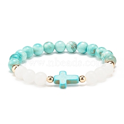 Natural White Jade & Howlite & Synthetic Turquoise(Dyed) Stretch Bracelet with Cross, Gemstone Jewelry for Women, Turquoise(Dyed), Inner Diameter: 2-1/8 inch(5.3cm)(BJEW-JB08295-03)