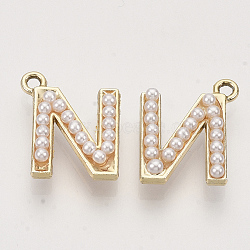 Eco-Friendly Alloy Pendants, with ABS Plastic Imitation Pearl Beads, Light Gold, Letter.N, 18x15x5mm, Hole: 1.8mm(PALLOY-R110-28)