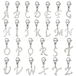 201 Stainless Steel Letter A~Z Pendant Decoration, with 304 Stainless Steel Lobster Claw Clasps, Stainless Steel Color, 23~26mm, 26 style, 1pc/style, 26pcs/set(HJEW-AB00515)