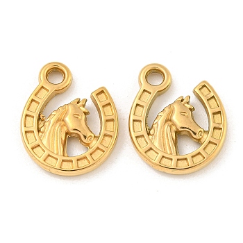 Ion Plating(IP) 304 Stainless Steel Pendants, Horseshoe with Horse's Head Charms, Real 18K Gold Plated, 16x13x2.5mm, Hole: 2mm