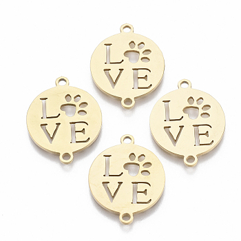 201 Stainless Steel Links connectors, Laser Cut, Flat Round with Word Love & Paw, Golden, 20.5x16x1mm, Hole: 1.5mm