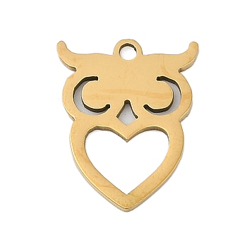 201 Stainless Steel Pendants, Owl Charms, Real 18K Gold Plated, 16.5x13x1mm, Hole: 1.4mm