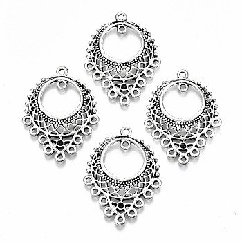 Tibetan Style Flat Round Chandelier Components, Lead Free,Cadmium Free and Nickel Free, Antique Silver, about 34mm long, 25.5mm wide, 1mm thick, hole: 1mm