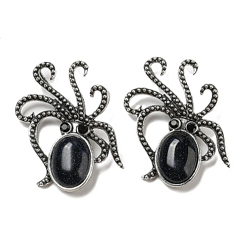 Synthetic Blue Goldstone Octopus Brooch, Alloy Pave Jet Rhinestone Sea Animal Pins, Antique Silver, 52.5~53x36.5x8~9mm, Hole: 7x4mm