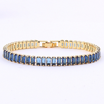 Cubic Zirconia Tennis Bracelets, Brass Rectangle Link Chain Bracelet, Steel Blue, No Size