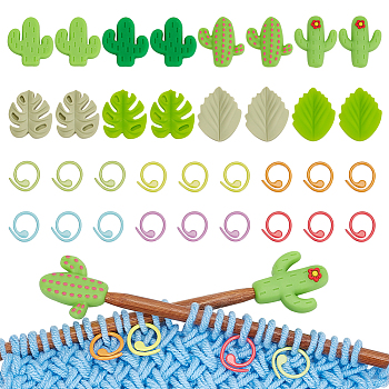 Leaf & Cactus Silicone Knitting Needle Point Protectors, Knitting Needle Stoppers with Zinc Alloy Stitch Markers, Mixed Color, 23.5~31x19~25x7~12mm, Hole: 2~2.3mm, 16pcs, Marker Rings: 14.5x1mm, 30pcs