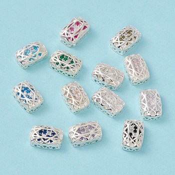 Eco-friendly Brass Micro Pave Cubic Zirconia Multi-strand Links, Rack Plating, Cadmium Free & Lead Free, Rectangle, Silver Color Plated, Mixed Color, 14x10x5mm, Hole: 1.2mm