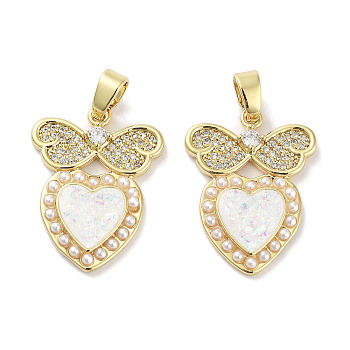 Brass Micro Pave Clear Cubic Zirconia Pendants, with Synthetic Opal and ABS Plastic Pearl, Real 18K Gold Plated, Heart Charms, Butterfly, 24x18x3mm, Hole: 5x3mm