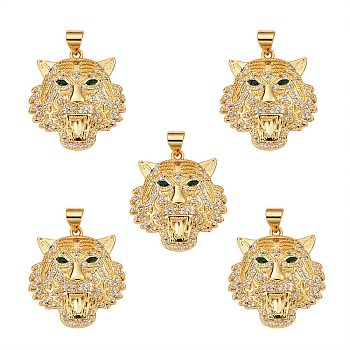 5Pcs Brass Micro Pave Clear & Green Cubic Zirconia Pendants, Nickel Free, Tiger, Real 18K Gold Plated, 25x23x5mm, Hole: 3x5mm