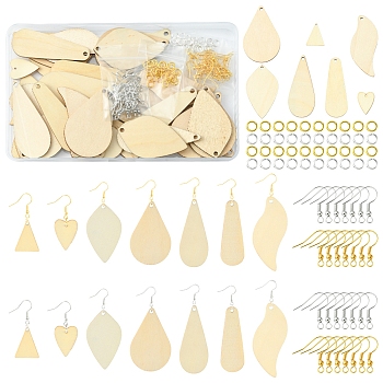 DIY Unfinished Blank Earring Making Kit, Including  Teardrop & Leaf & Heart & Triangle Natural Poplar Wood Pendants, Brass Jump Rings, Iron Earring Hooks, Platinum & Golden, 152Pcs/box