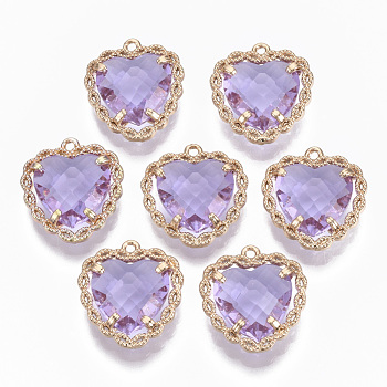 Glass Pendants, with Brass Open Back Settings, Faceted, Heart, Light Gold, Lilac, 18x16~17x5.5mm, Hole: 1.2mm
