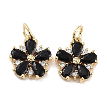 Brass Micro Pave Cubic Zirconia Charms, with Jump Ring, Flower, Real 18K Gold Plated, Black, 13x12x3mm, Hole: 3mm