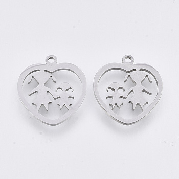 201 Stainless Steel Pendants, Laser Cut Pendants, Heart with Girl, Stainless Steel Color, 17.5x15.5x1mm, Hole: 1.4mm