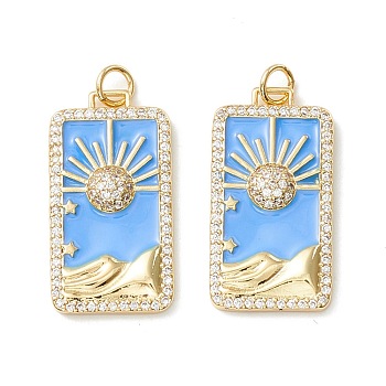 Rack Plating Brass Micro Pave Clear Cubic Zirconia Pendants, with Enamel, Cadmium Free & Nickel Free & Lead Free, Real 18K Gold Plated, Rectangle with Sun, Light Sky Blue, 27x14x3.5mm, Hole: 3.4mm