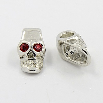 Alloy European Style Beads, for Halloween, with Rhinestone, Platinum Metal Color, Skull, Red, 16x9.4x8.2mm, Hole: 4mm
