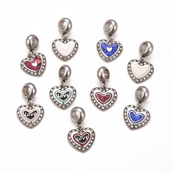 304 Stainless Steel Crystal Rhinestone European Dangle Charms, Large Hole Pendants, with Enamel and Fluorescence Slice, Stainless Steel Color, Heart, Mixed Color, 22.5mm, Hole: 4.5mm