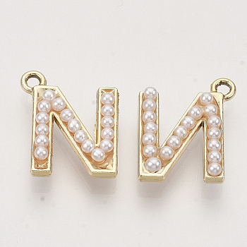 Eco-Friendly Alloy Pendants, with ABS Plastic Imitation Pearl Beads, Light Gold, Letter.N, 18x15x5mm, Hole: 1.8mm