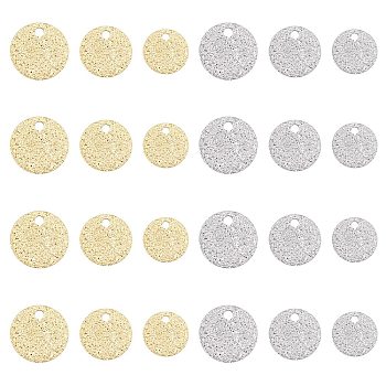 PandaHall Elite 60Pcs 6 Style Ion Plating(IP) 304 Stainless Steel Textured Pendants, Flat Round, Mixed Color, 8~12x1mm, Hole: 1.2~1.4mm, 10pcs/style