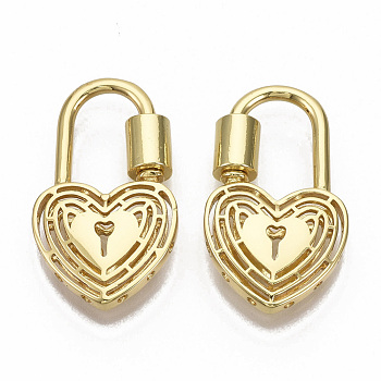 Brass Screw Carabiner Lock Charm, for Necklaces Making, Nickel Free, Heart Lock, Real 16K Gold Plated, 28x16.5x4mm, screw: 5.5x6.5mm