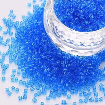 Transparent Glass Cylinder Beads, Seed Beads, Round Hole, Dodger Blue, 1.5~2x1~2mm, Hole: 0.8mm, about 8000pcs/bag, about 1pound/bag