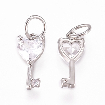 Brass Charms, with Micro Pave Cubic Zirconia and Jump Rings, Key, Clear, Platinum, 11.5x5.5x3mm, Hole: 3.5mm