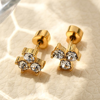 Ion Plating(IP) 304 Stainless Steel Stud Earrings, with Rhinestone, Real 14K Gold Plated, Clover, Crystal, 6x6.5mm