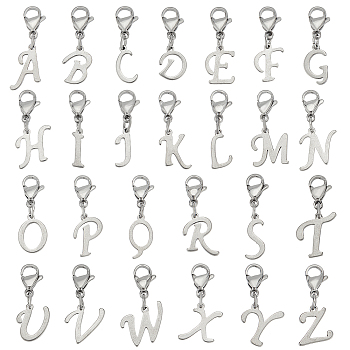 201 Stainless Steel Letter A~Z Pendant Decoration, with 304 Stainless Steel Lobster Claw Clasps, Stainless Steel Color, 23~26mm, 26 style, 1pc/style, 26pcs/set