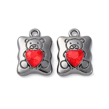 Gothic Rack Plating Alloy Pendants, with Red Rhinestone, Bear, Heart, Gunmetal, 18x12x6mm, Hole: 1.8mm