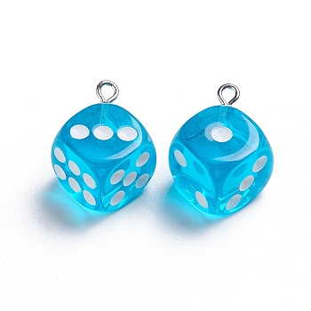 Transparent Resin Pendants, with Platinum Plated Iron Loops, Dice, Deep Sky Blue, 23.5x19x19mm, Hole: 2mm