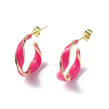 Enamel Twist Stud Earrings, Real 18K Gold Plated Brass Half Hoop Earrings for Women, Deep Pink, 25x21x9mm, Pin: 0.8mm