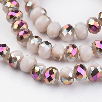 Electroplate Glass Beads Strands,  Half Plated, Faceted Rondelle, Seashell Color, 6x4mm, Hole: 1mm, about 100pcs/strand, 15.7 inch