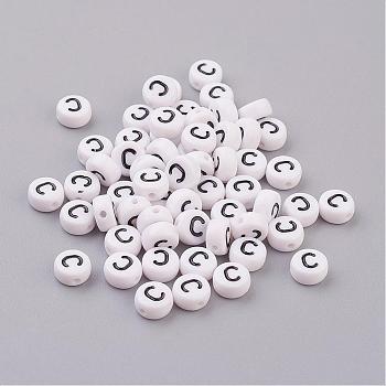 Flat Round with Letter C Acrylic Beads, with Horizontal Hole, White & Black, Size: about 7mm in diameter, 4mm thick, hole: 1mm