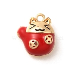 Brass Charms, Cadmium Free & Nickel Free & Lead Free, with Enamel, Real 18K Gold Plated, Fortune Cat Charm, Red, 10x9x4mm, Hole: 1.2mm(KK-C085-04G)
