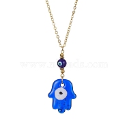 Transparent Handmade Lampwork Religion Hamsa Hand Pendant Necklaces, Blue Evil Eye Necklace with Brass Cable Chains, Golden, 15.39 inch(39.1cm)(NJEW-JN04503-02)