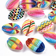 Printed Natural Cowrie Shell Beads, No Hole/Undrilled, with Rainbow Pattern, Mixed Color, 18~22x13~14x6~8mm(X-SHEL-S266-20)